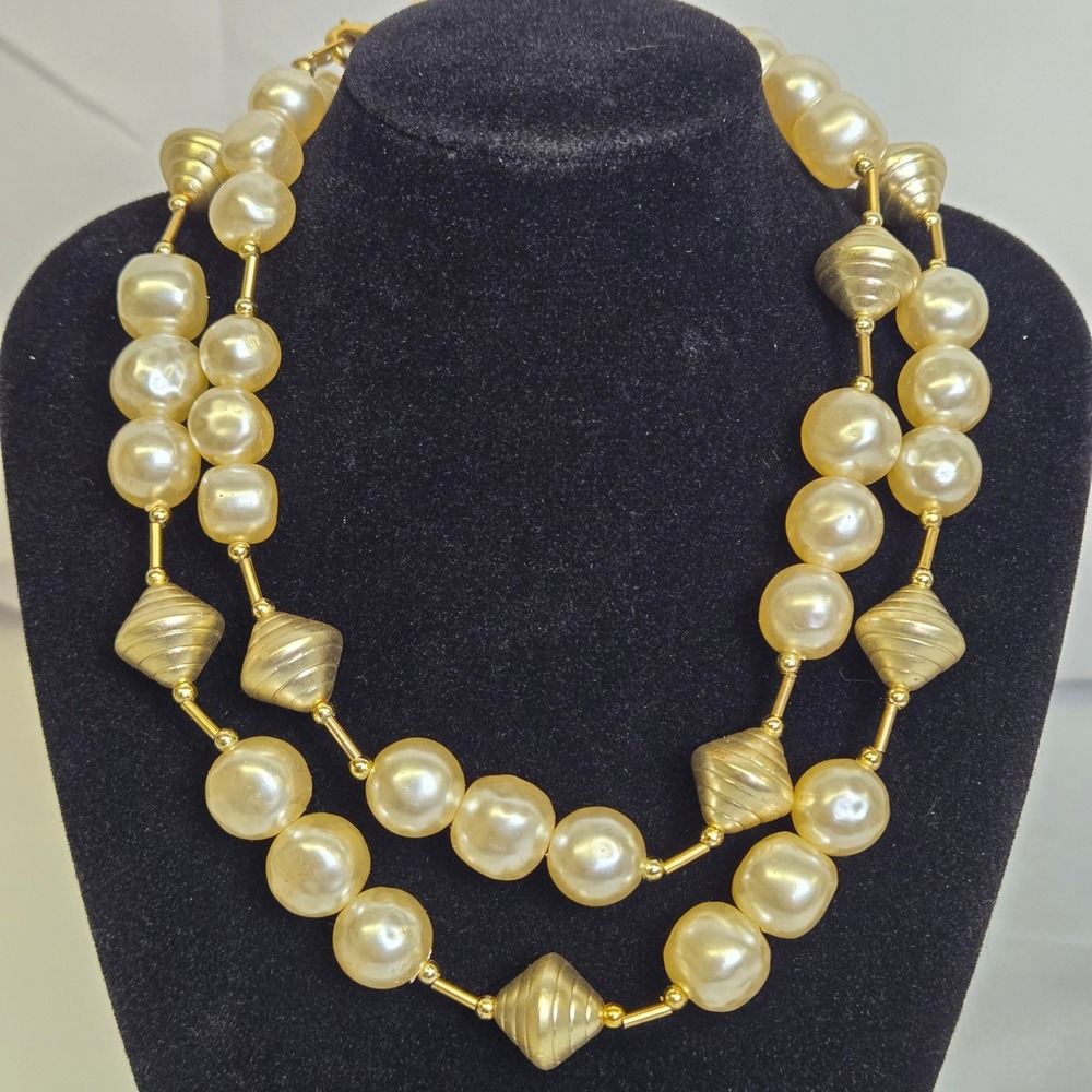 Faux Pearl Gold Tone Beaded‎ Baroque Chunky Statement Long Necklace, 30" Chain